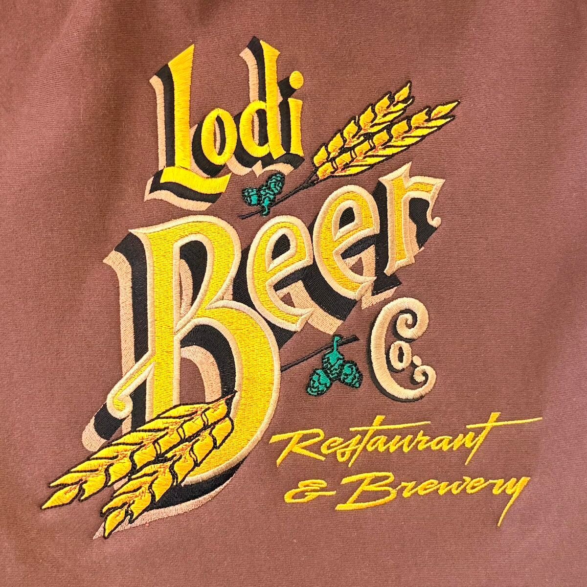 Embroidery Works of Lodi provides embroidery and screen printing services for local businesses. Lodi Beer Co embroidered logo pictured.